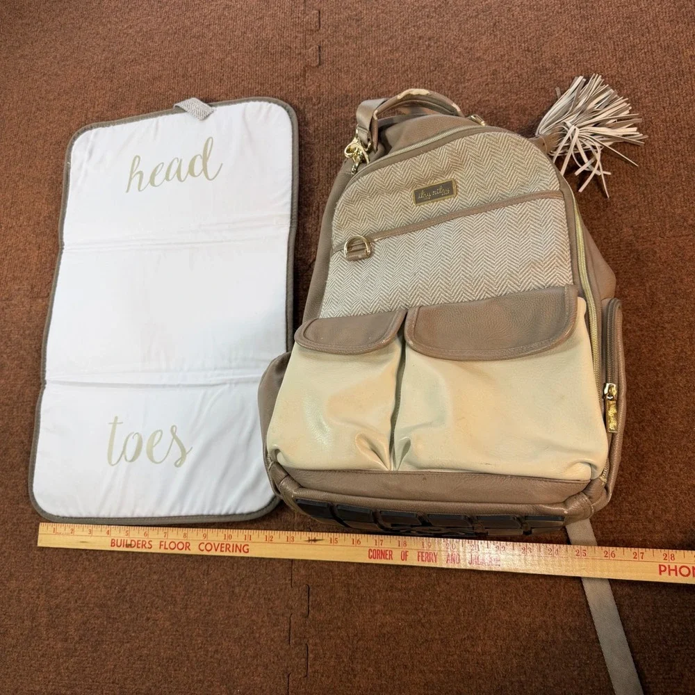 Itzy Ritzy Diaper Bag Backpack Taupe Cream Herringbone with Changing Pad